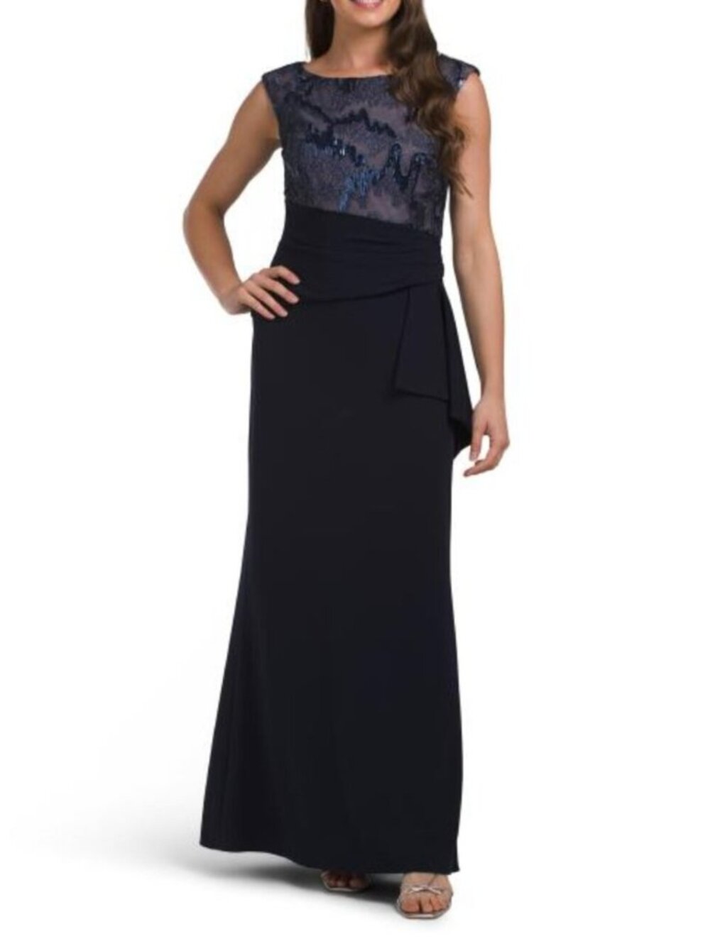 BRIANNA MILAY Metallic Embroidered Side Cascade Gown